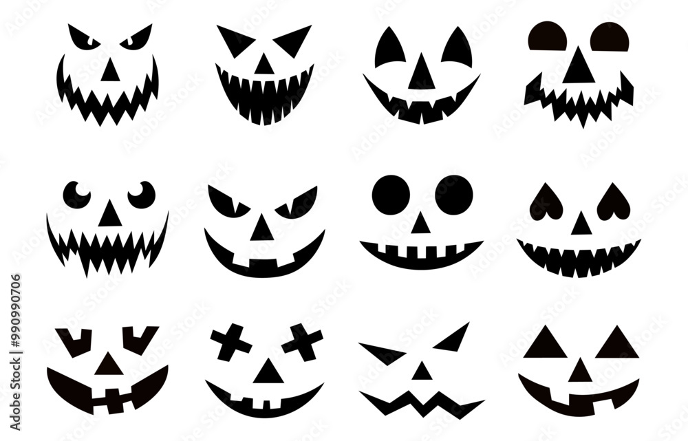 Set of spooky pumpkin smiles. Horror and scary faces. Design for holiday Halloween Set of spooky pumpkin smiles. Horror and scary faces. Design for holiday Halloween