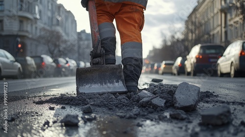 Construction worker removes asphalt on urban street during daylight to facilitate road repairs in a busy city