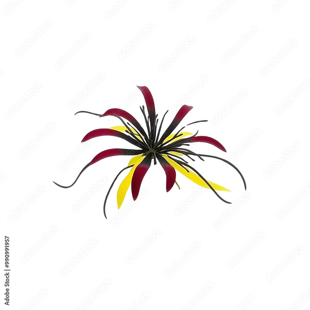 Fototapeta premium Exotic Red and Yellow Flower with Black Stamens Isolated on White Background