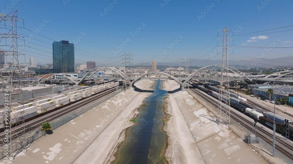 Beautiful sunny day over LA river. Concrete river with bridges over it. Cinematic place near Los Angeles downtown. Beautiful sunny day over LA river. Concrete river with bridges over it. Cinematic place near Los Angeles downtown.