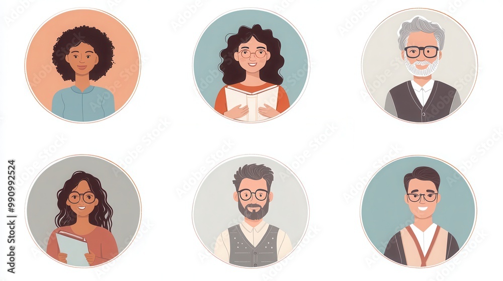 a set of illustrated avatars in circular frames showcasing diverse accountants and clients. One accountant wears glasses holding an open ledger, a client has wavy hair a set of illustrated avatars in circular frames showcasing diverse accountants and clients. One accountant wears glasses holding an open ledger, a client has wavy hair