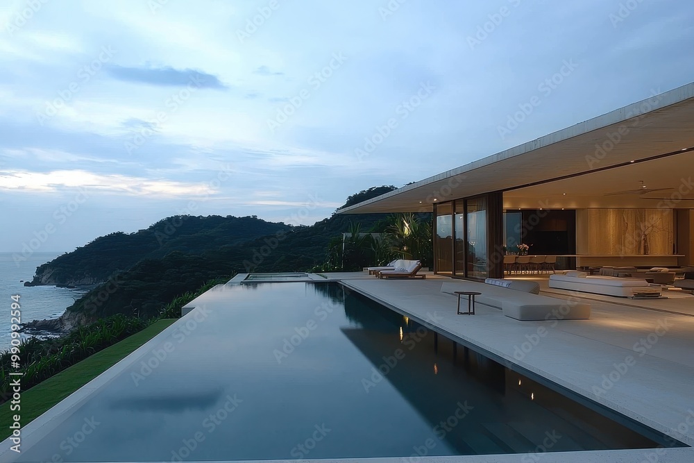 Obraz premium Luxury villa with infinity pool overlooking scenic coastal landscape