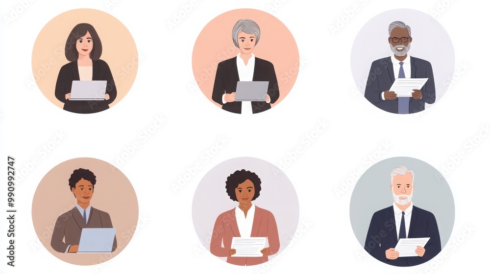 a set of illustrated avatars in circular frames showcasing diverse business consultants and corporate clients. One consultant wears a formal jacket holding a laptop a set of illustrated avatars in circular frames showcasing diverse business consultants and corporate clients. One consultant wears a formal jacket holding a laptop