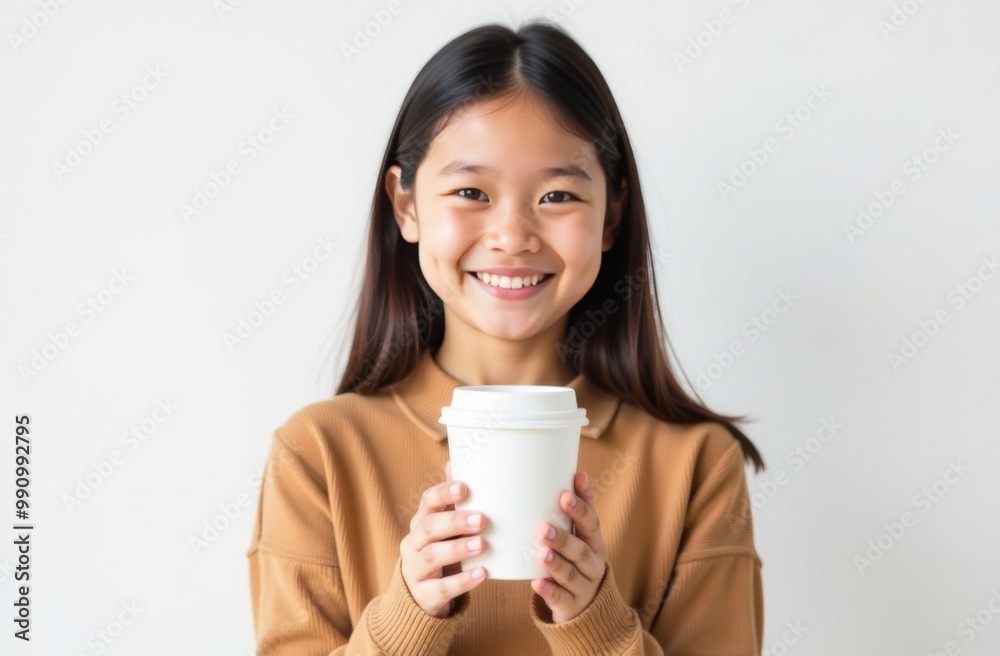 Asian woman standing with paper cup for takeaway coffee drinks or tea on white background. Place for text Asian woman standing with paper cup for takeaway coffee drinks or tea on white background. Place for text