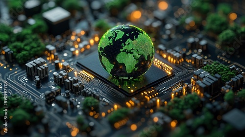A concept highlighting green technology with a world icon on a circuit board, focusing on environmental innovations, green computing, CSR, and IT ethics.
