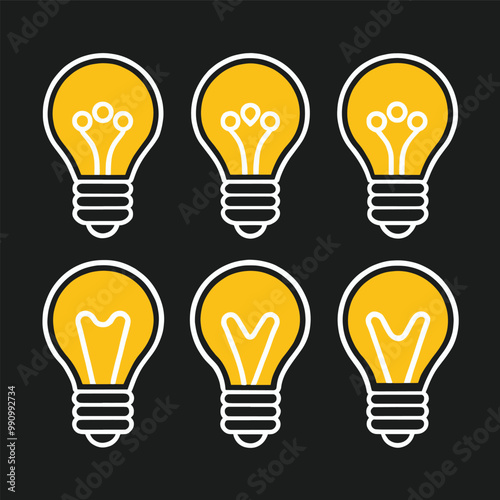 Six stylized yellow lightbulbs with white outlines are depicted against a black background, symbolizing ideas or inspiration