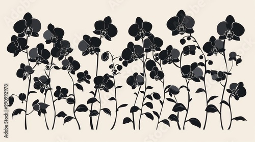 Design black silhouette illustrations of spooky Halloween Orchid in set of collection ,with bold lines and simple design, placed on a white background 