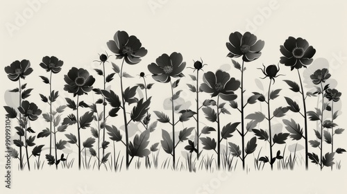 Design black silhouette illustrations of spooky Halloween Peony in set of collection ,with bold lines and simple design, placed on a white background 
