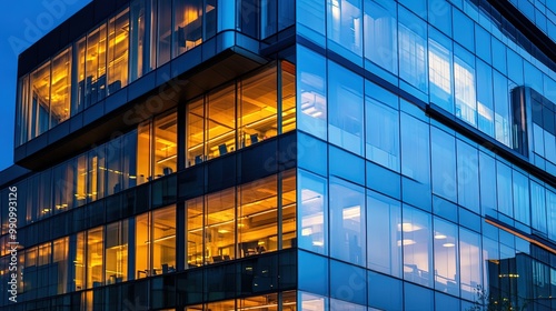 Modern office building exterior glowing at twilight with business people working late
