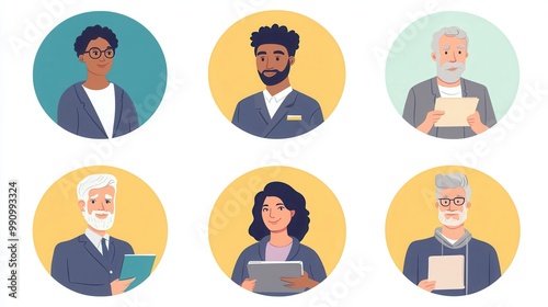 a set of illustrated avatars in circular frames showcasing diverse venture capitalists and entrepreneurs. One venture capitalist wears a suit holding a portfolio