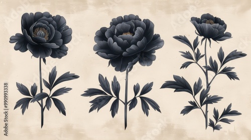 Design black silhouette illustrations of spooky Halloween Peony in set of collection ,with bold lines and simple design, placed on a white background 