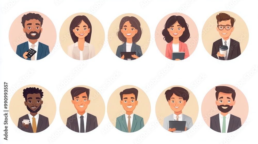 A set of illustrated avatars in circular frames showcasing diverse business executives and team members. One executive wears a formal suit holding a presentation remote A set of illustrated avatars in circular frames showcasing diverse business executives and team members. One executive wears a formal suit holding a presentation remote