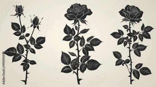 Design black silhouette illustrations of spooky Halloween Red rose in set of collection ,with bold lines and simple design, placed on a white background 