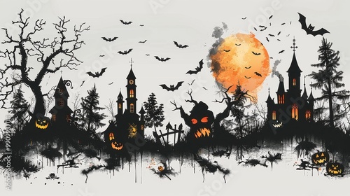 Design black silhouette illustrations of spooky Halloween Sakura in set of collection ,with bold lines and simple design, placed on a white background 