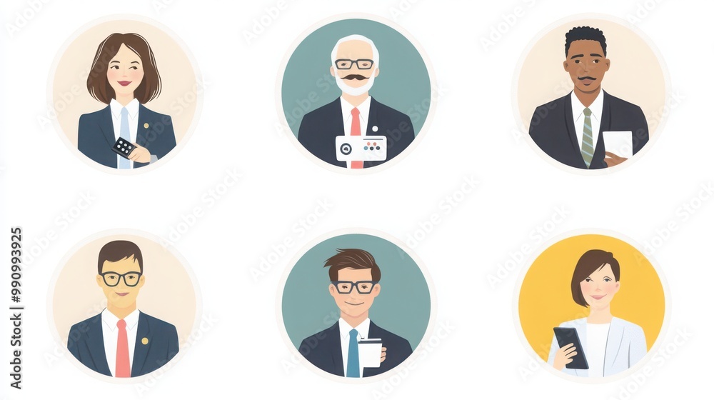 a set of illustrated avatars in circular frames showcasing diverse business executives and team members. One executive wears a formal suit holding a presentation remote a set of illustrated avatars in circular frames showcasing diverse business executives and team members. One executive wears a formal suit holding a presentation remote