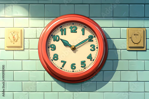 Red Clock Hangs on a Green Tiled Wall with Light Switches