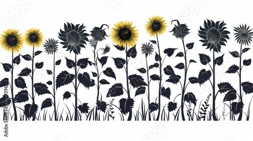 Design black silhouette illustrations of spooky Halloween Sunflower in set of collection ,with bold lines and simple design, placed on a white background 