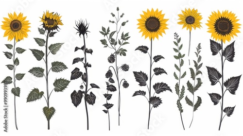Design black silhouette illustrations of spooky Halloween Sunflower in set of collection ,with bold lines and simple design, placed on a white background 
