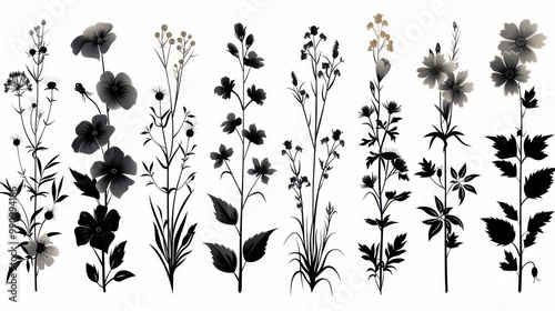 Design black silhouette illustrations of spooky Halloween Tuberose in set of collection ,with bold lines and simple design, placed on a white background 