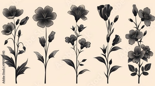 Design black silhouette illustrations of spooky Halloween Tuberose in set of collection ,with bold lines and simple design, placed on a white background 
