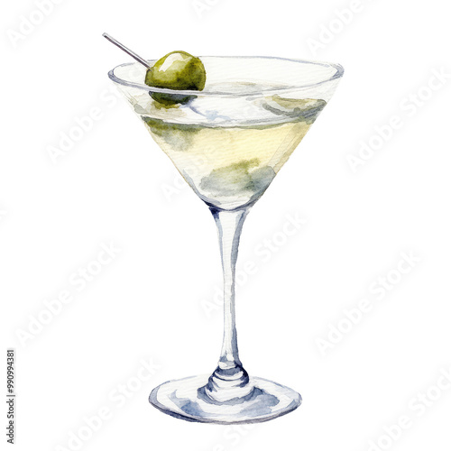 PNG cocktail in martini glass, watercolor illustration. Beverage and party concept