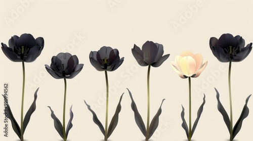 Design black silhouette illustrations of spooky Halloween Tulip in set of collection ,with bold lines and simple design, placed on a white background 