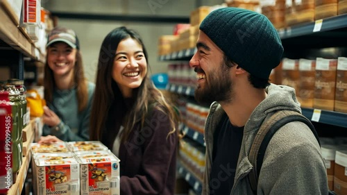 Wallpaper Mural Three friends laugh while shopping at a grocery store Torontodigital.ca
