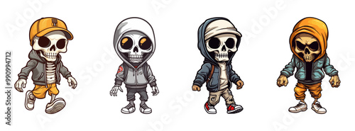 Set of cool skeleton characters in hoodies and streetwear, ideal for edgy, urban designs. Vector illustration.