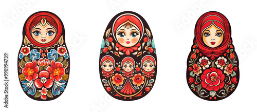 Beautiful set of traditional Russian nesting dolls with vibrant floral patterns, representing folk art. Vector illustration.