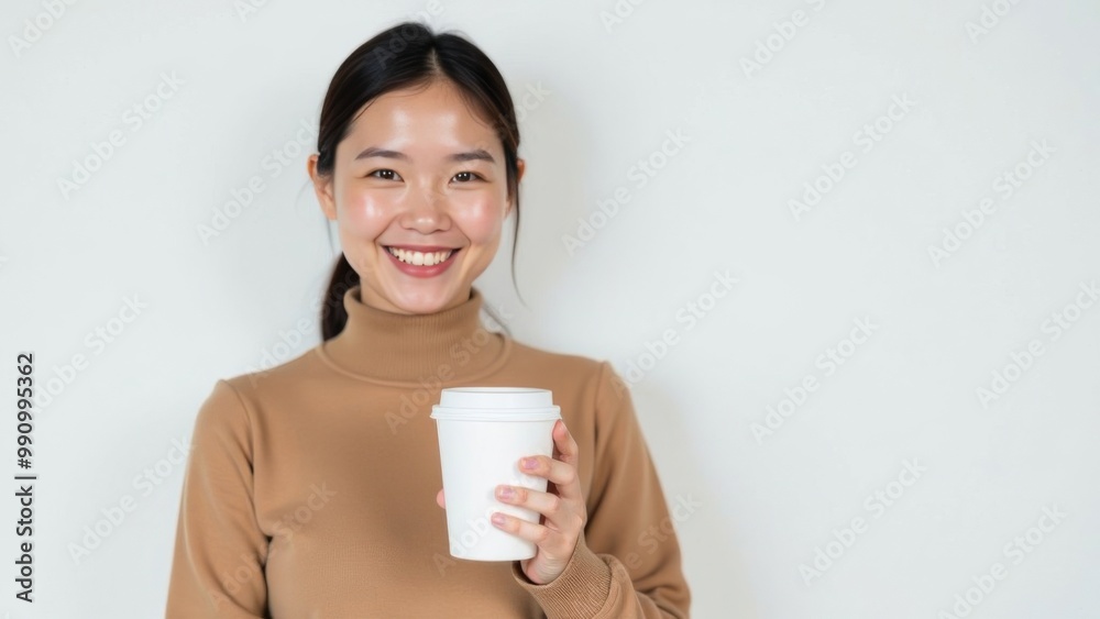 Asian woman standing with paper cup for takeaway coffee drinks or tea on white background. Place for text Asian woman standing with paper cup for takeaway coffee drinks or tea on white background. Place for text