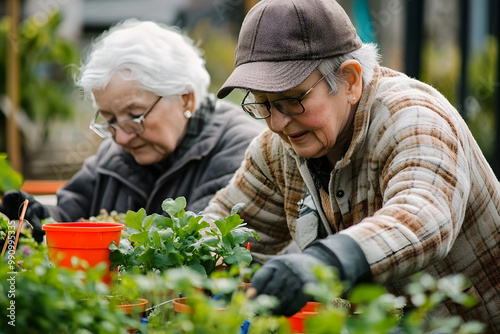 Wallpaper Mural Elderly individuals participate in gardening activities, enjoying the outdoors while planting and tending to vibrant plants in a community garden Torontodigital.ca