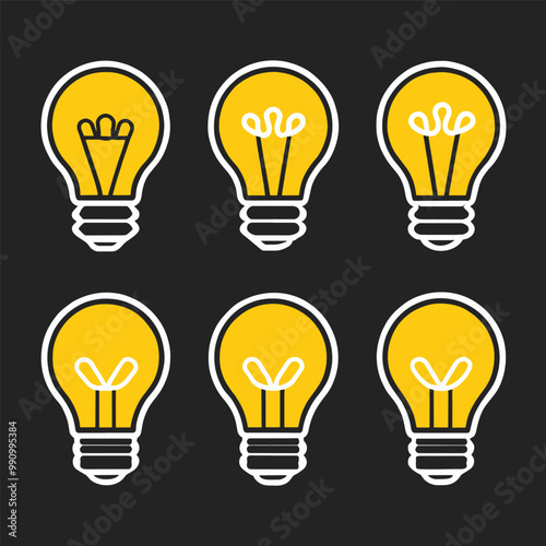 Six stylized yellow lightbulbs with white outlines are depicted against a black background, symbolizing ideas or inspiration