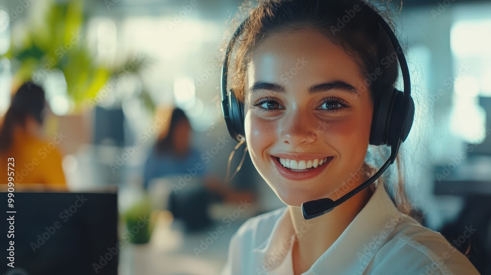 Positive Female Dispatcher in Call Center Speaking on Headset with Smiling Expression, Surrounded by Busy Office Environment Positive Female Dispatcher in Call Center Speaking on Headset with Smiling Expression, Surrounded by Busy Office Environment