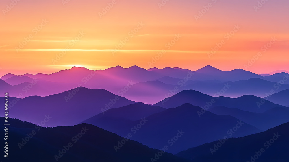 Fototapeta premium The mountain range transforms at sunset, showcasing stunning colors of orange and purple while gentle shadows cascade down the slopes, creating a tranquil atmosphere