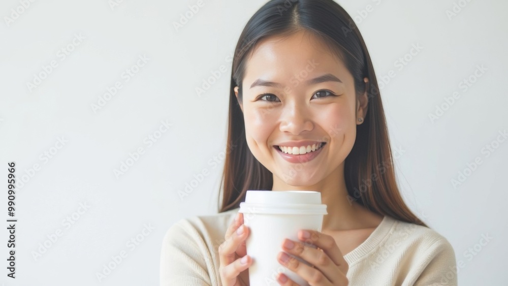 Asian woman standing with paper cup for takeaway coffee drinks or tea on white background. Place for text Asian woman standing with paper cup for takeaway coffee drinks or tea on white background. Place for text