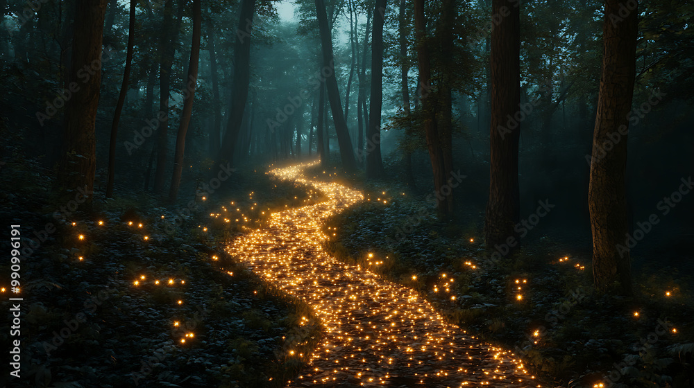 A glowing path of light weaving through a dark forest, illuminating the way forward and symbolizing guidance A glowing path of light weaving through a dark forest, illuminating the way forward and symbolizing guidance