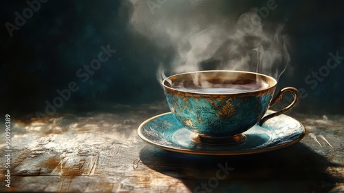 A steaming cup of coffee in an ornate turquoise cup sits on a wooden table, illuminated by soft light in a cozy setting