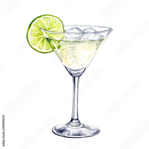 PNG cocktail in martini glass, watercolor illustration. Beverage and party concept