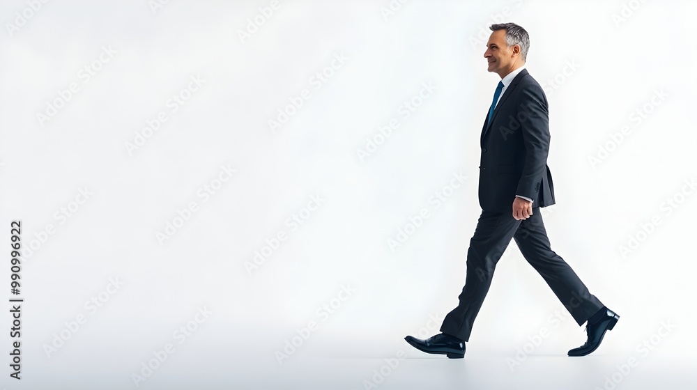 Confident Businessman Strides Toward Promising Future on White Background Confident Businessman Strides Toward Promising Future on White Background