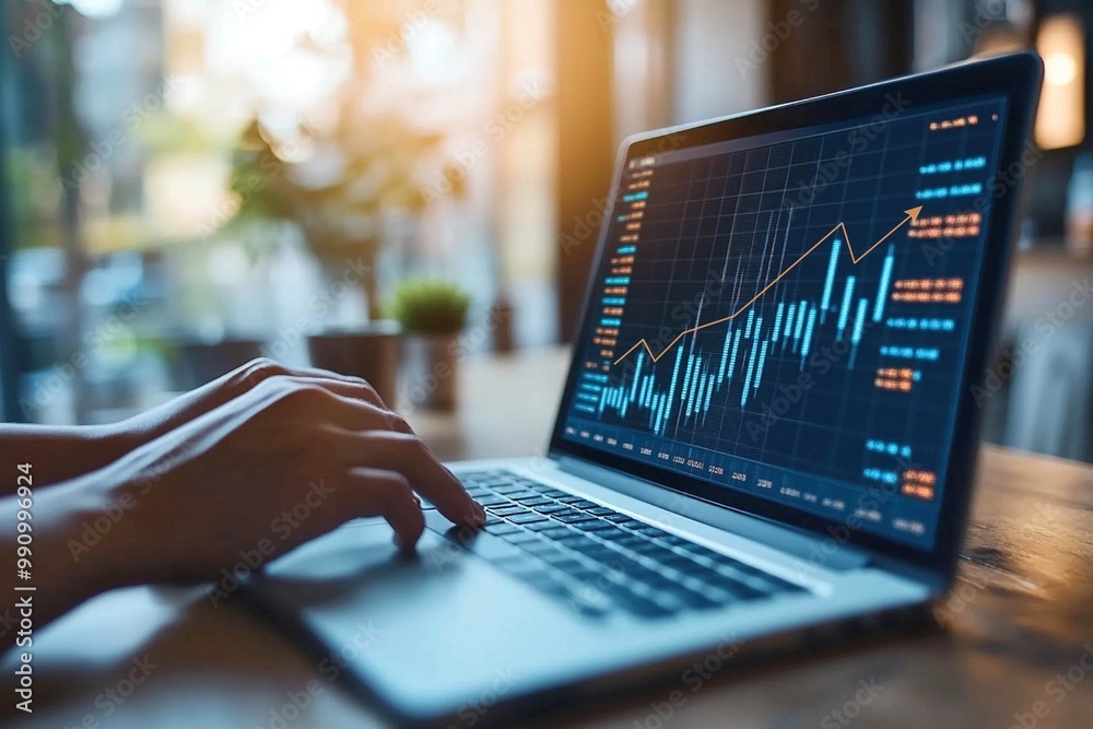 Analyzing financial data on laptop with rising chart Analyzing financial data on laptop with rising chart