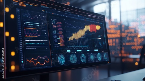 Computer monitor displaying an abstract network visualization

 photo