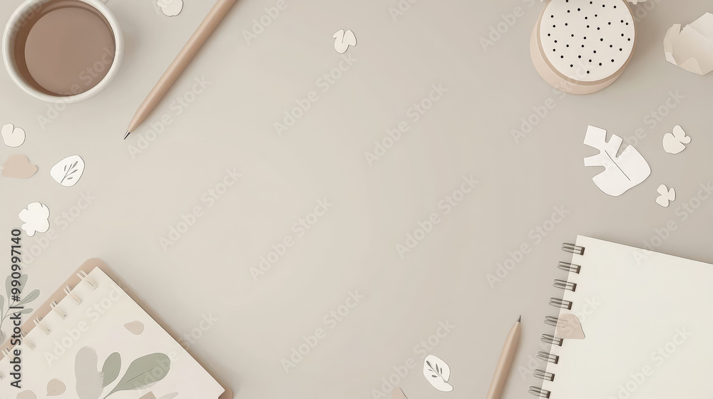 Fototapeta premium clean empty background for text, stylish office supplies on table, pen, pencil, paper, beige, white, copy space, blank, mockup, layout, write, letter, school, office, drawing, backdrop, design
