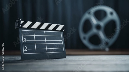 Film clapperboard on wooden surface, background featuring a film reel.