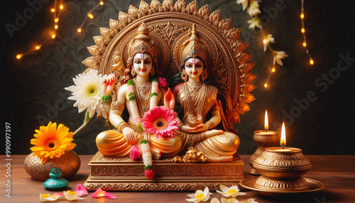 Hindu religious god Rama or Ram with goddess Sita for religious, story of Ramayana, Hindu festival Ram navmi, Dashehara, Diwali concept background