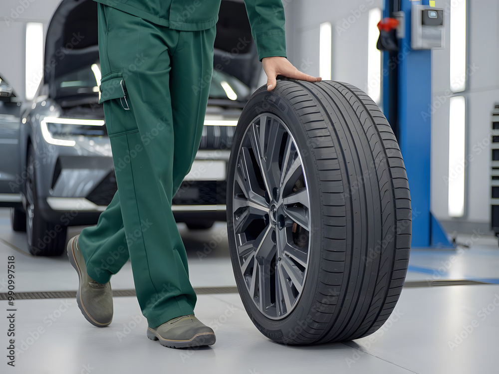Técnico sosteniendo un neumático de automóvil contemporáneo en un garaje moderno
Técnico sosteniendo un neumático de automóvil contemporáneo en un garaje moderno