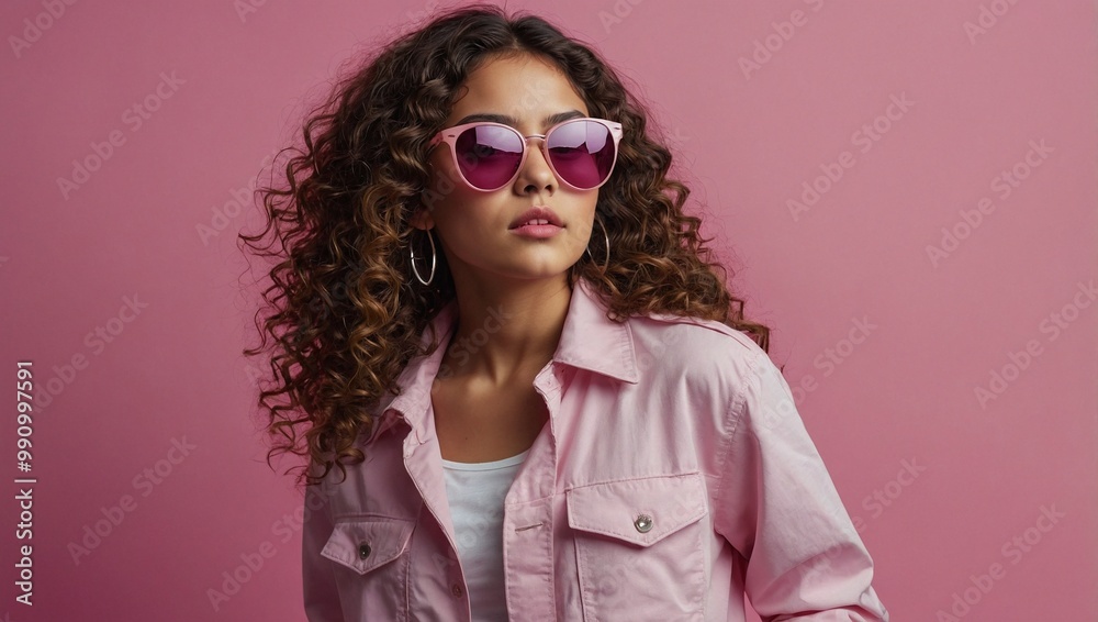 Studio shot of beautiful young girl with curly hair wearing pink sunglasses and fashionable clothes Studio shot of beautiful young girl with curly hair wearing pink sunglasses and fashionable clothes
