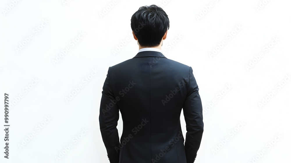 Businessman Standing and Thinking on White Background,Viewed from Behind Businessman Standing and Thinking on White Background,Viewed from Behind