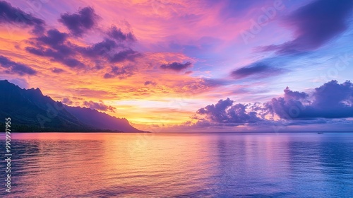 Beautiful landscape of colorful sunset reflecting on calm ocean water with mountains