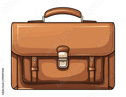 Vector illustration of a light brown briefcase with handle and buckles. Business theme.