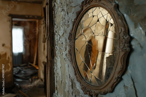 An old, cracked mirror reflecting the faint outline of a person standing in a dark, dusty room.  Generative AI.